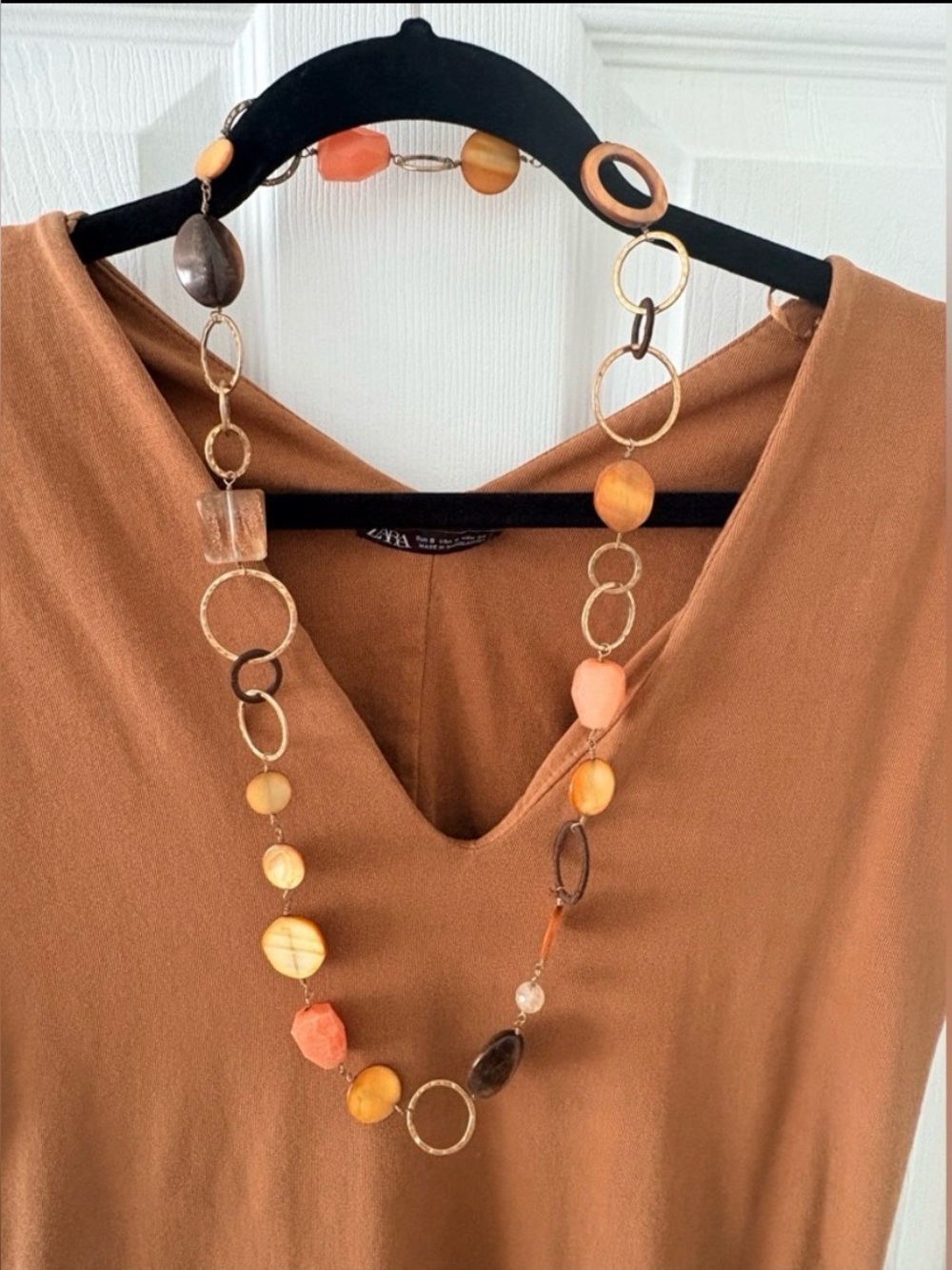 ZARA 100% Cotton Midi Dress in Caramel Brown with Stella & Dot Necklace. - Picture 3 of 6